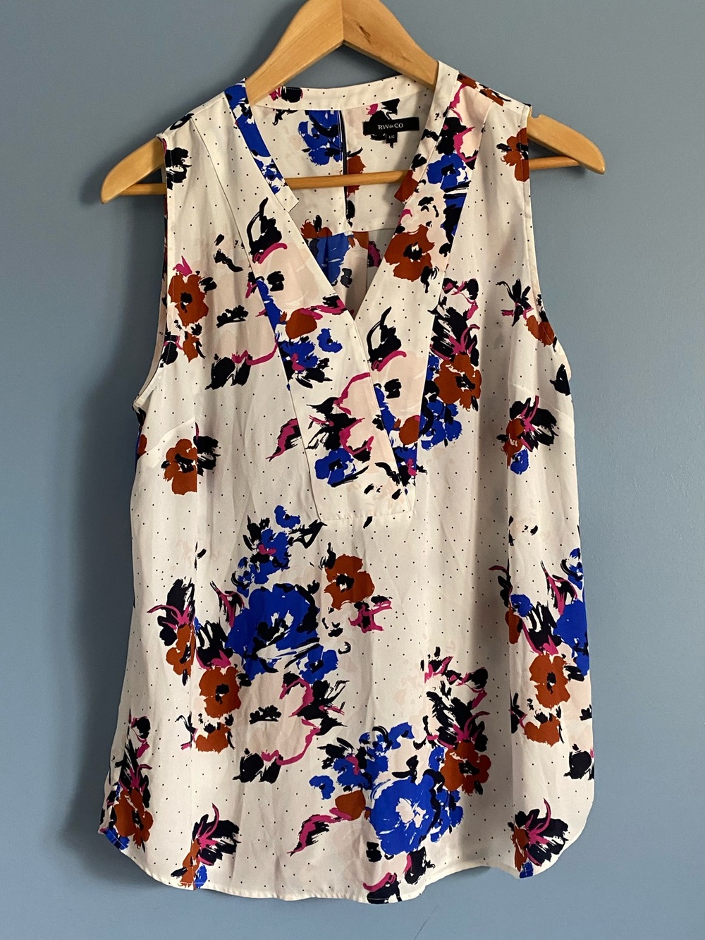 RW&CO. Sleeveless V-Neck Floral Print Top in White with Blue & Brown Accents